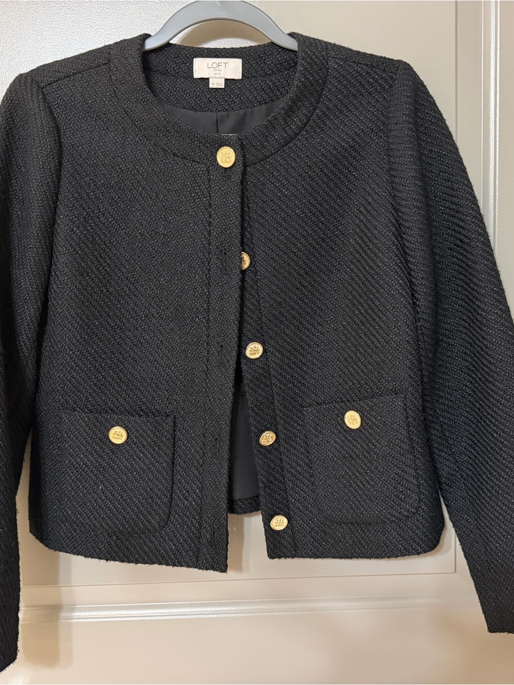 LOFT Black Tweed Cropped Blazer with Gold Buttons